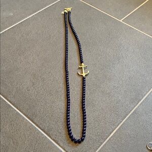 Navy Beaded Necklace with Gold Anchor Pendant